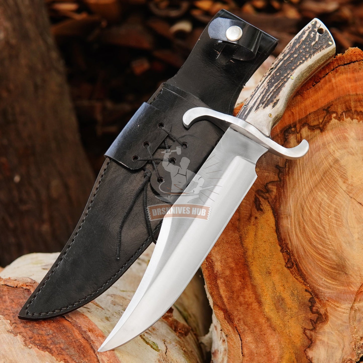 Hand Forged D2 Steel Bowie Knife – 14" Stag Handle, Leather Sheath