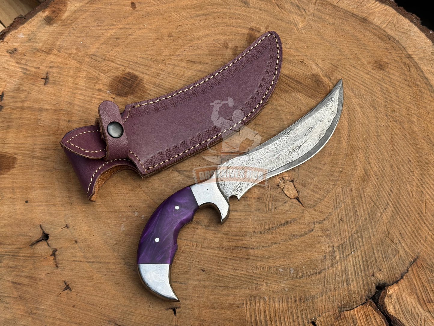 Damascus Hunting Knife 10.5" – Resin Handle with Leather Sheath | DRSKNIVES HUB