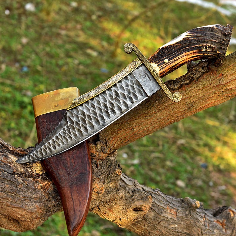 CUSTOM HANDMADE BIG BOWIE STONE WASHED STEEL ANTLER HANDLE KNIFE || DRS KNIVES HUB