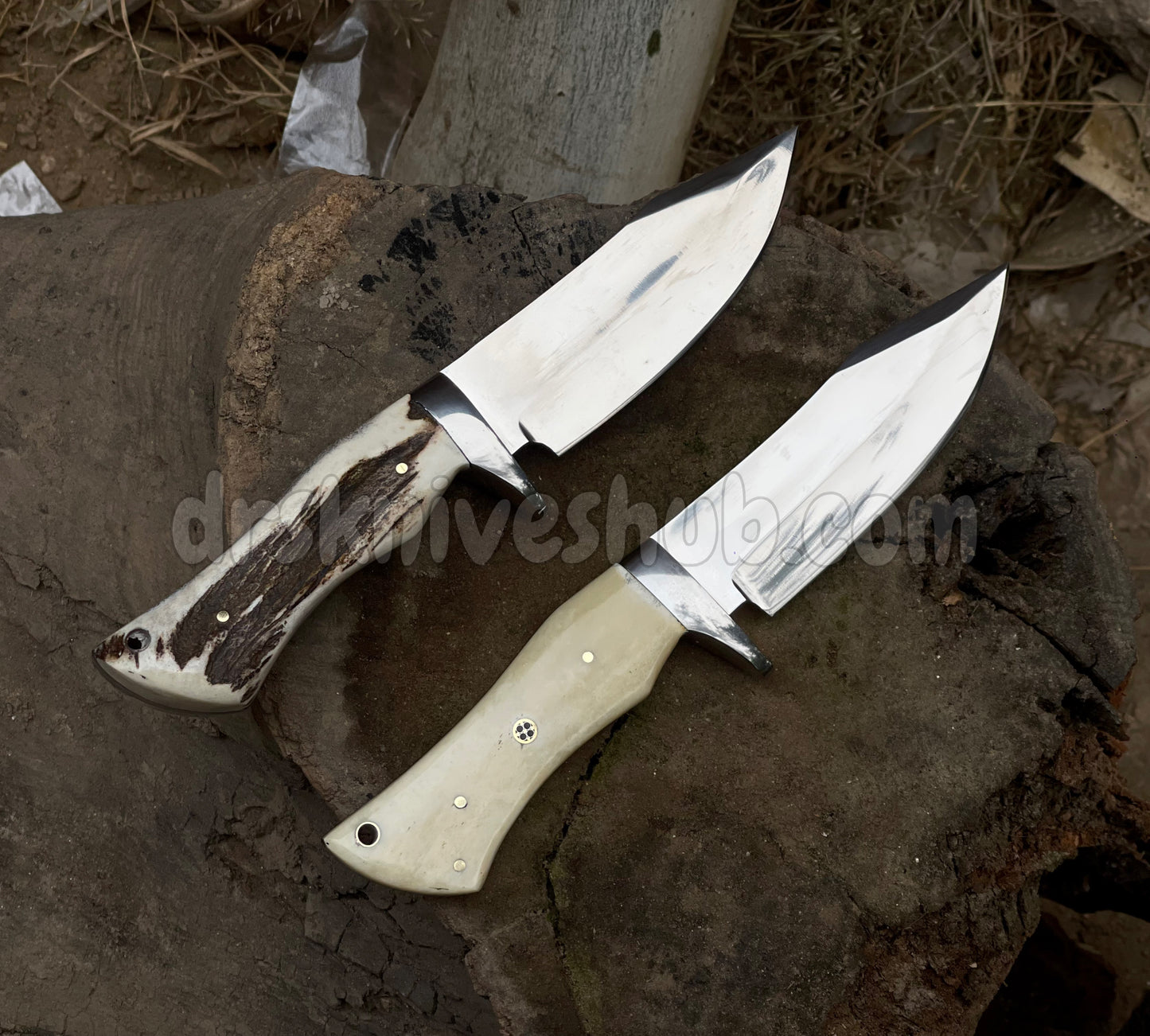 Handmade D2 Steel Hunting Knife pair : Stag Horn and bone Handle, Leather Sheath