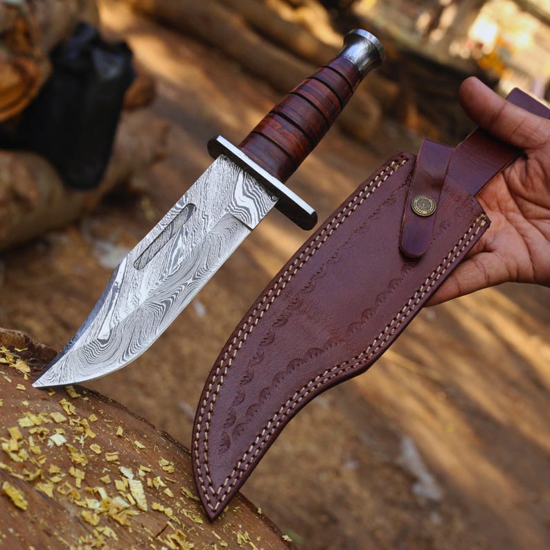 HUNTING BOWIE KNIFE HANDMADE DAMASCUS STEEL BLADE || DRS KNIVES HUB