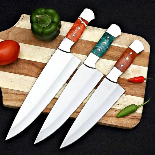 Lots Of 3 Handmade D2 Steel Blade Chef Knife With Leather Sheath Cover and Resin Handle