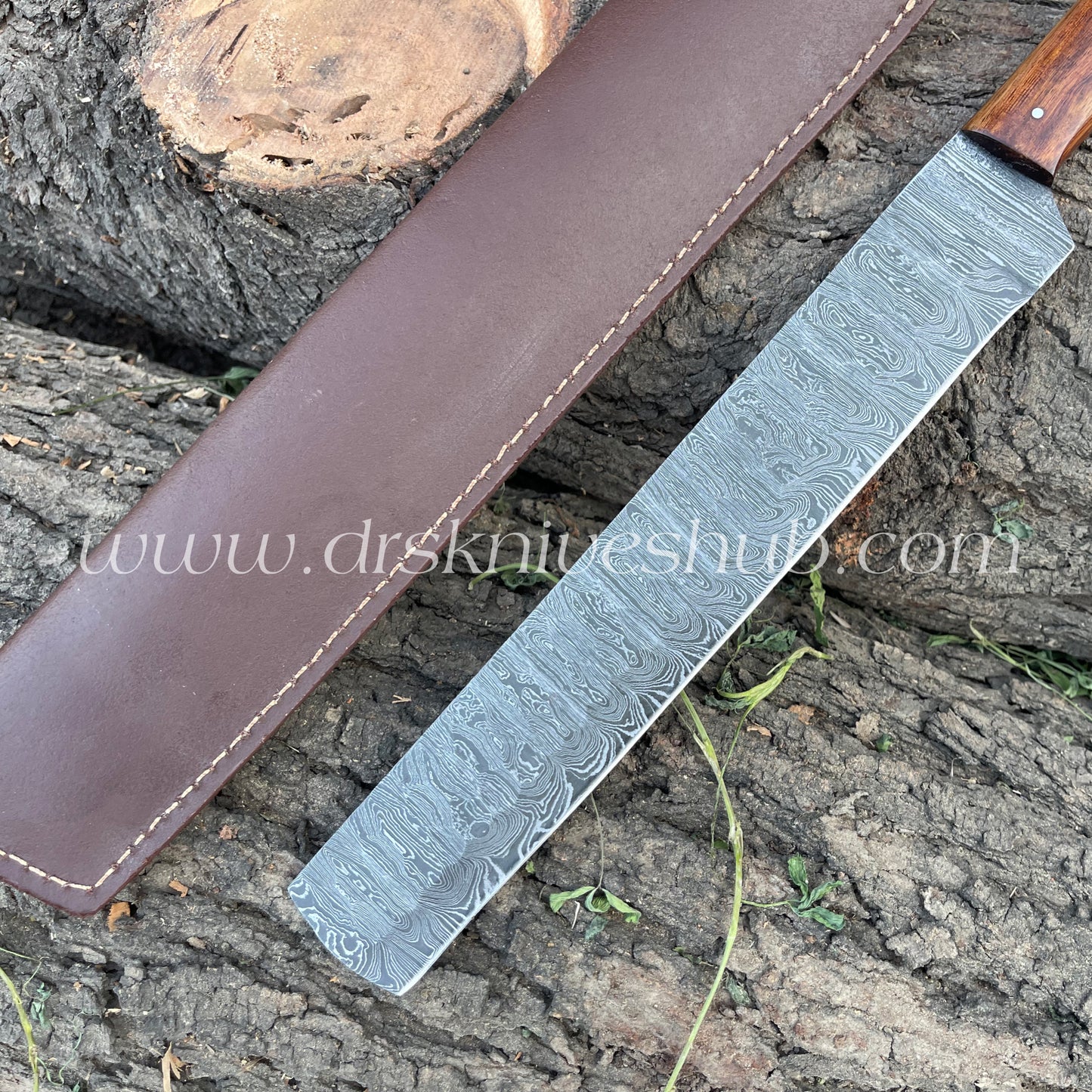 Handmade Damascus Steel Blade Brisket Knife With Leather Cover Rose Wood Handle