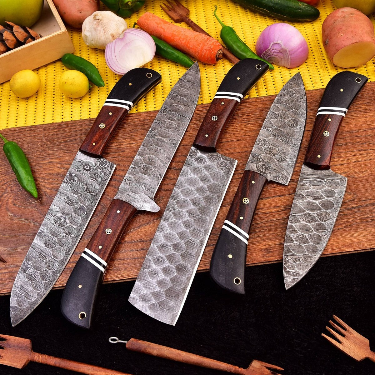 Damascus Chef Knife Set 5 Piece – Wood & Micarta with Leather Bag | DRSKNIVES HUB
