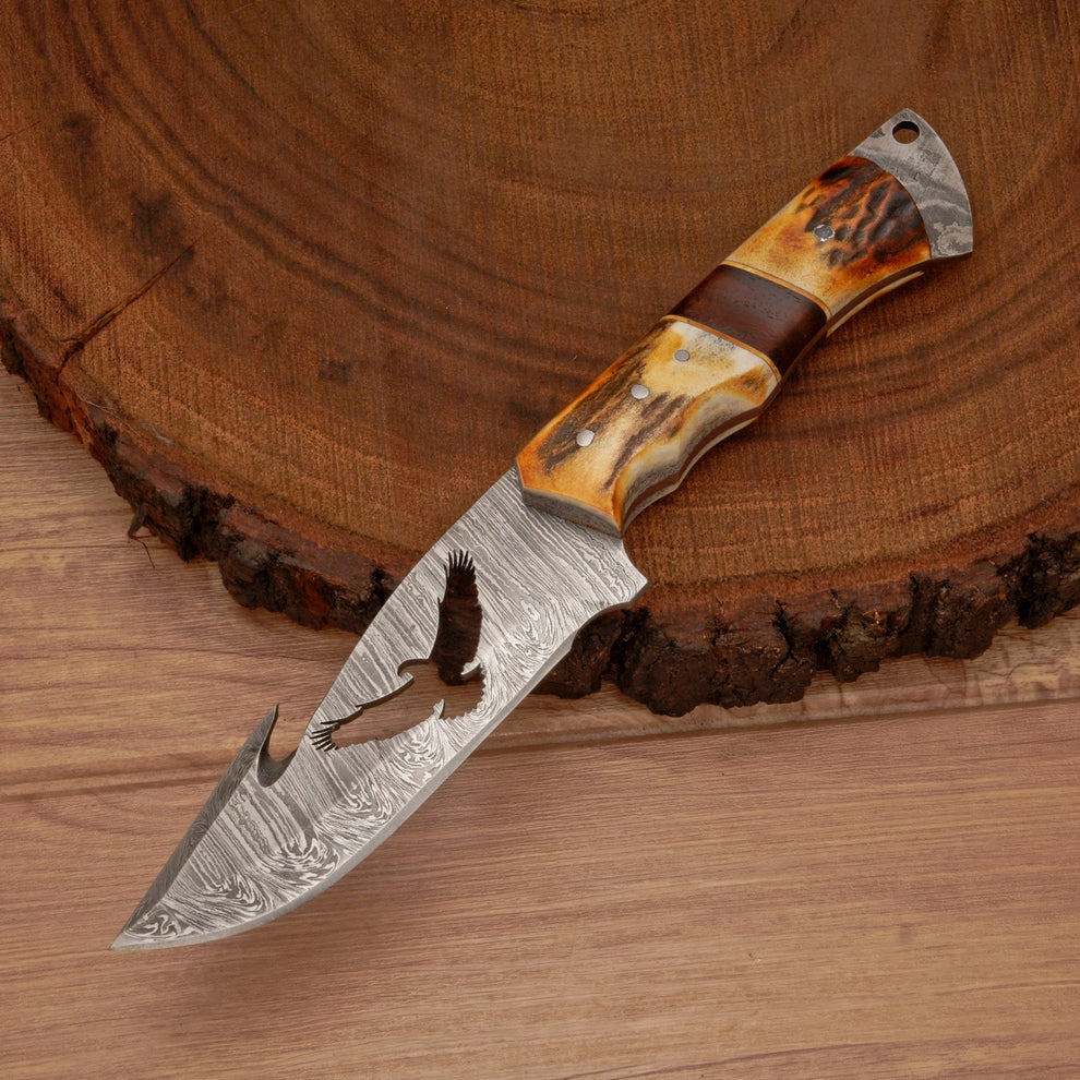 Full tang handmade Damascus steel hunting knife with leather wrap || drs knives hub