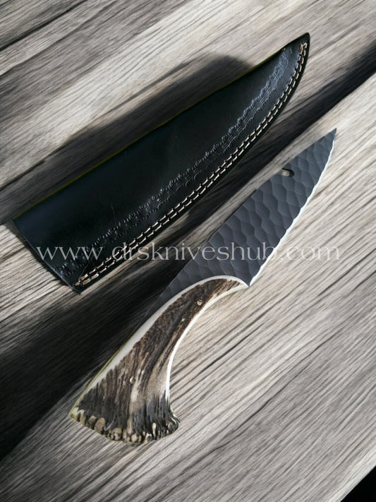 Antler Horn Handle Handmade J2 Steel powder Coated Blade hunting knife with leather wrap || drs knives hub