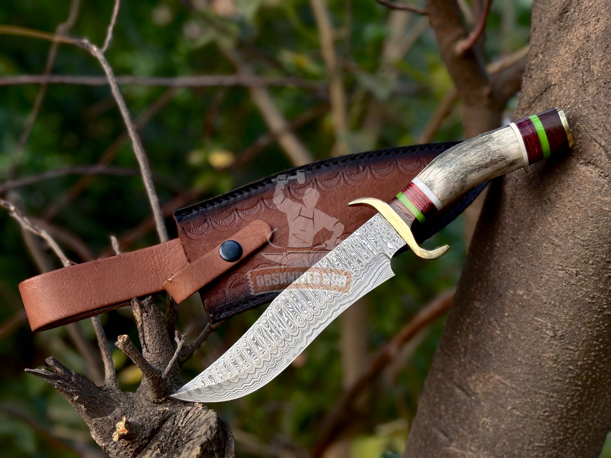 Handmade Damascus Bowie Knife – 12” Stag Handle Hunting Knife with Leather Sheath | DRSKNIVES HUB 