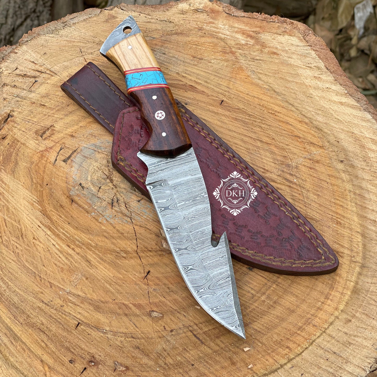 Hand Forged Damascus Steel Gut Hook Hunting Knife