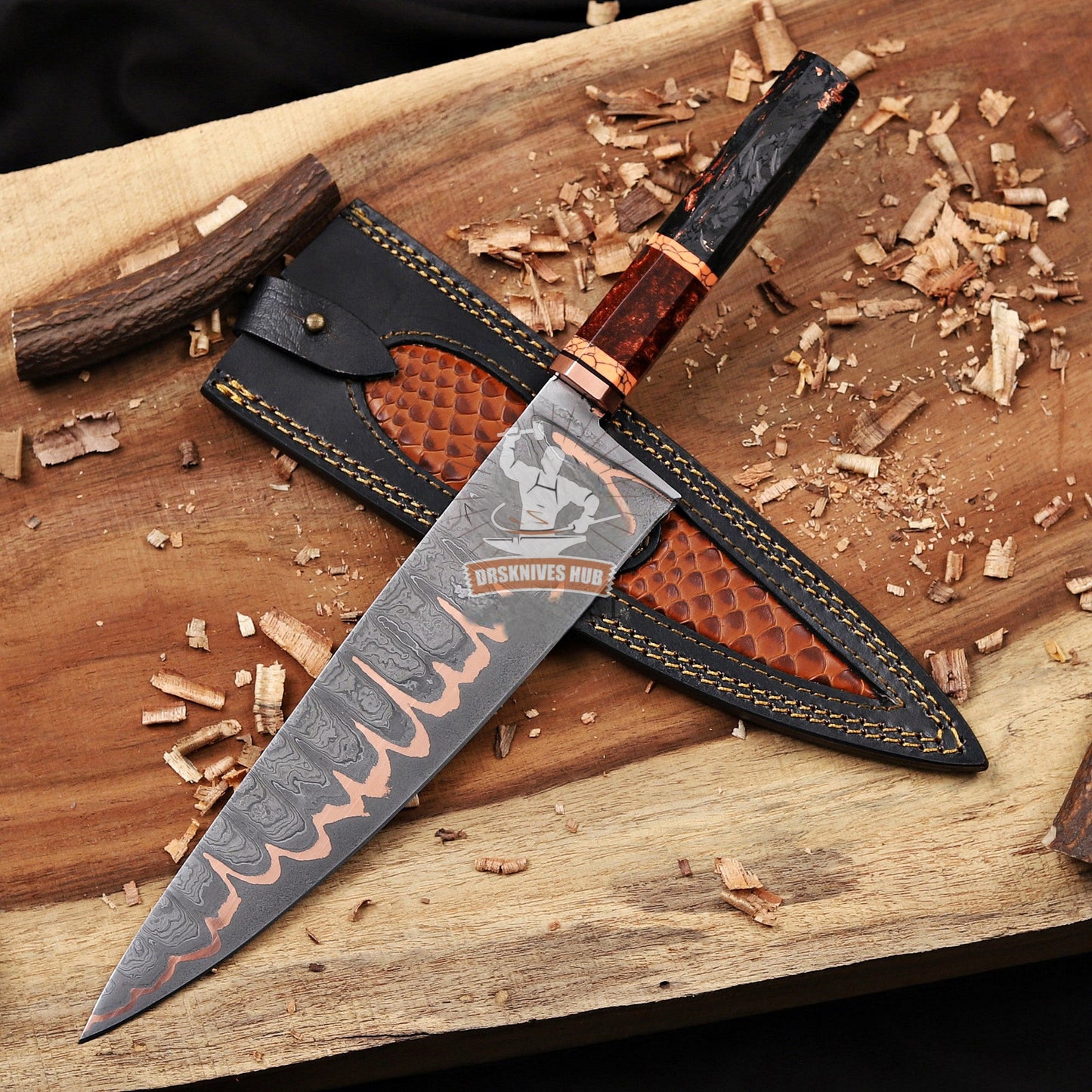 Copper Damascus Chef Knife 15"