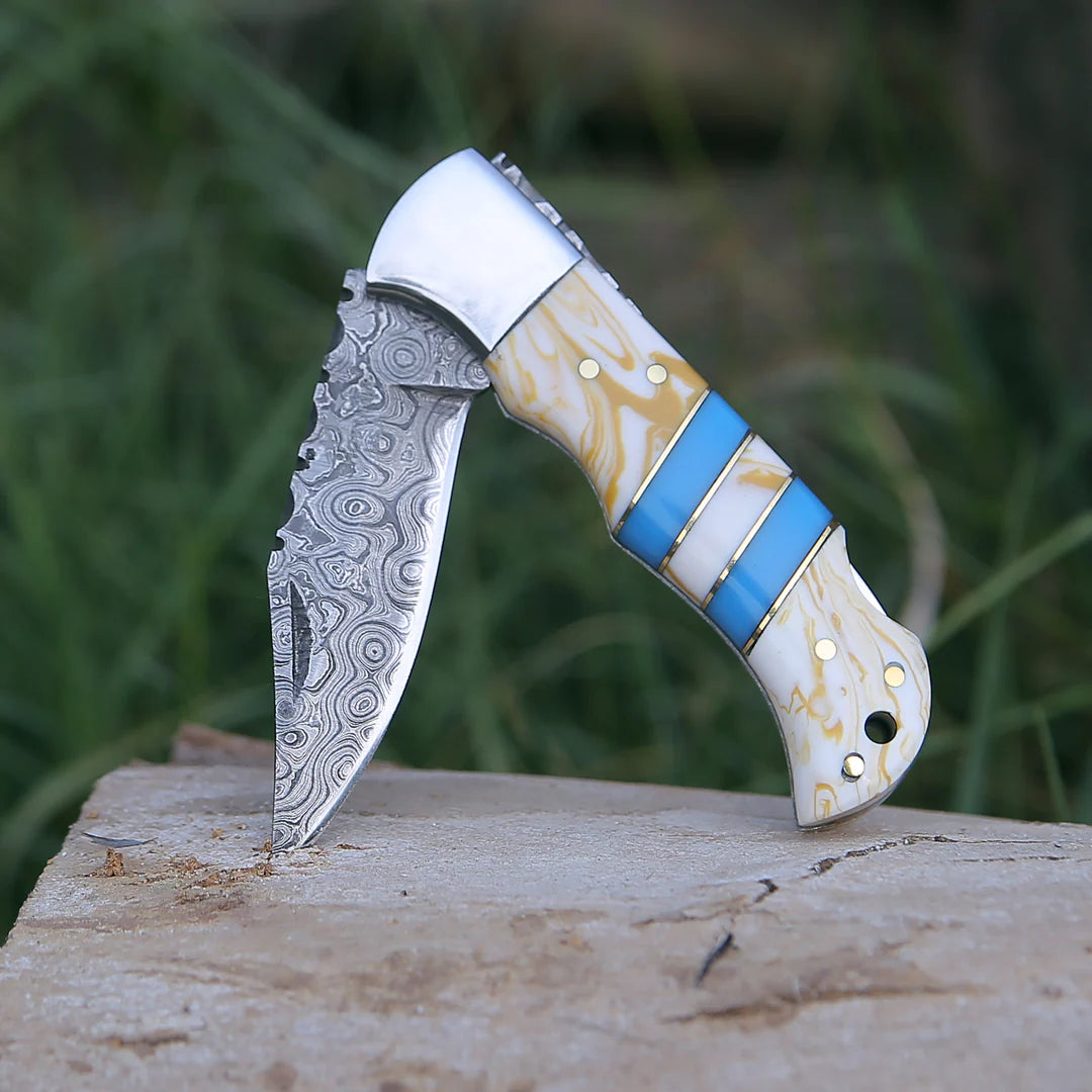 RESIN HANDLE DAMASCUS POCKET KNIFE || DRS KNIVES HUB