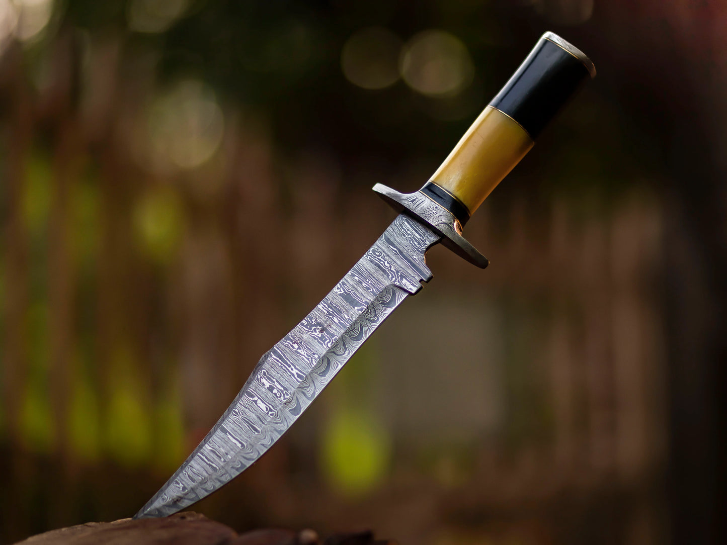 Hand-Forged Damascus Steel Bowie Knife with Brass and Bone Handle & Leather Sheath