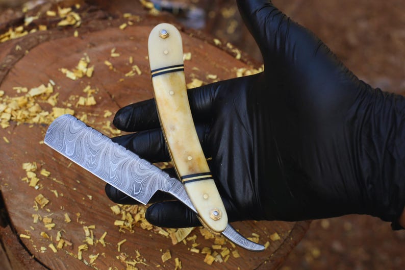 DAMASCUS STEEL STRAIGHT RAZOR KNIFE WITH LEATHER SHEATH || DRS KNIVES HUB