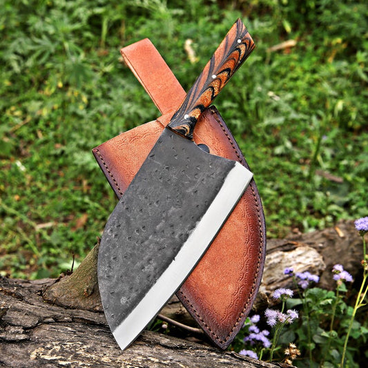 Custom Handmade Carbon Steel Blade Heavy Chopper Knife With Leather Sheath Cover Cleaver Knife