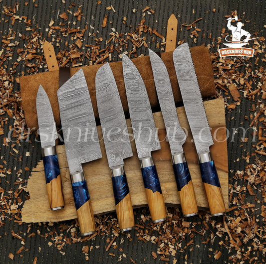 6-piece Damascus chef knife set for BBQ and kitchen use