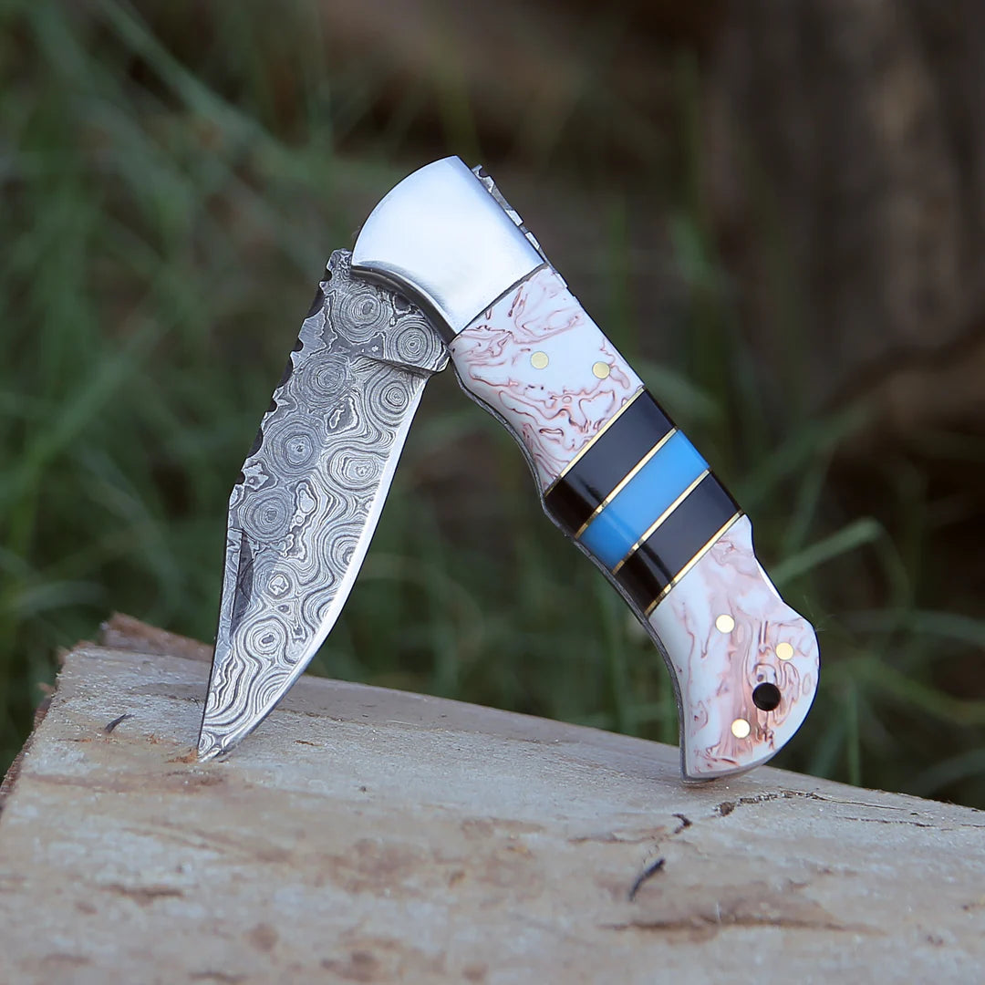 HANDMADE DAMASCUS POCKET KNIFE WITH SHEATH || DRS KNIVES HUB