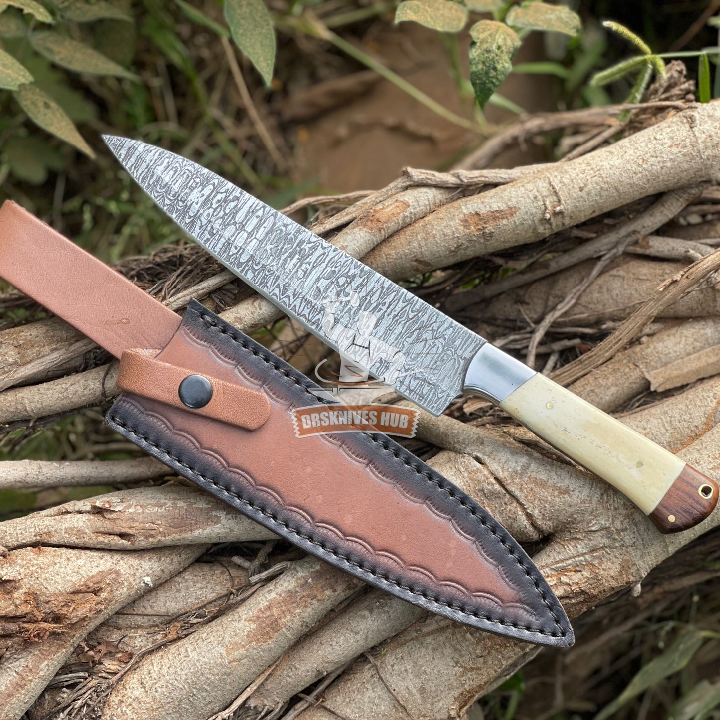 Handmade Damascus Steel Chef Knife | Rosewood & Camel Bone Handle with Leather Sheath | DRSKNIVES HUB