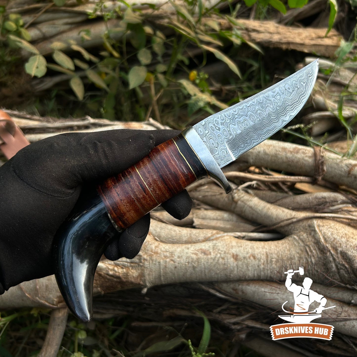 Handmade Damascus Steel Skinning Knife | Buffalo Horn & Leather Handle | DRSKNIVES HUB