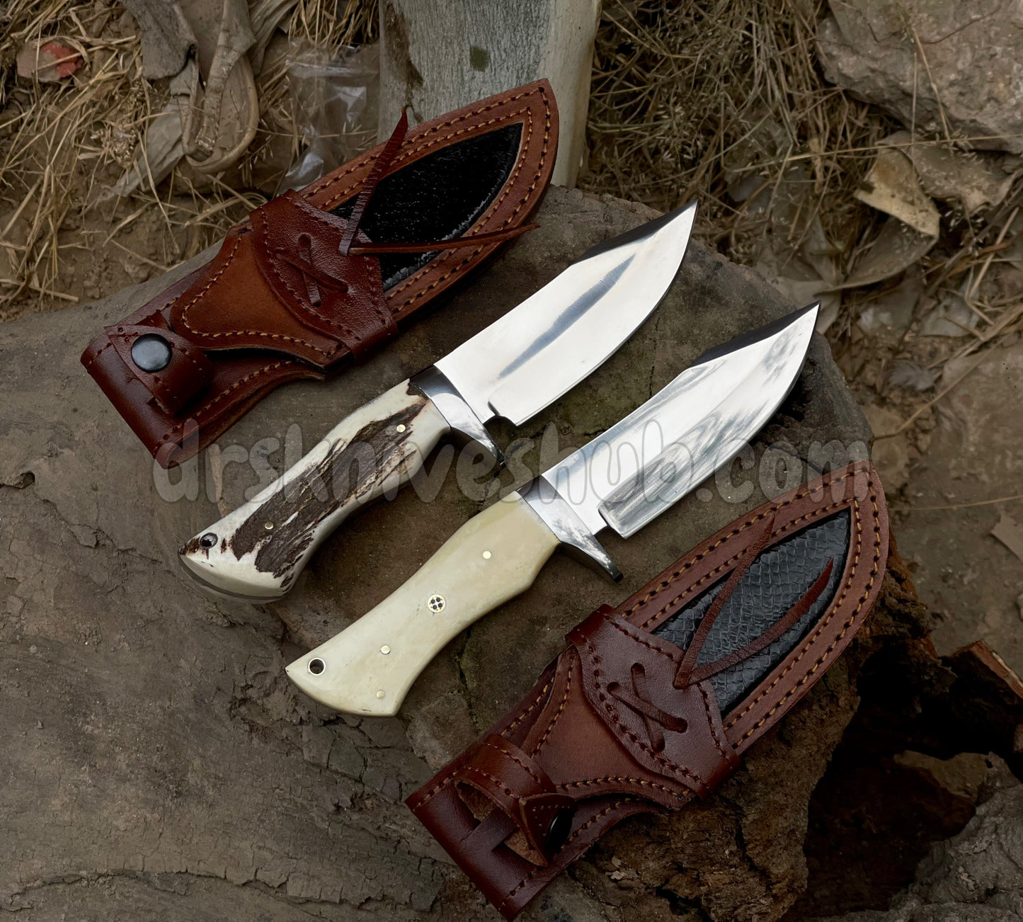 Handmade D2 Steel Hunting Knife pair : Stag Horn and bone Handle, Leather Sheath