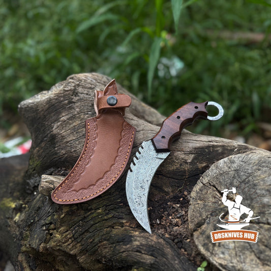 Handmade Damascus Steel Blade Wood Handle Karambit Knife With Leather Sheath Cover