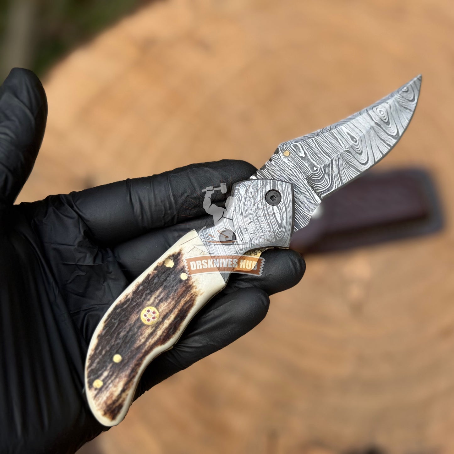 Damascus Folding Pocket Knife Stag Horn Handle With Leather Sheath