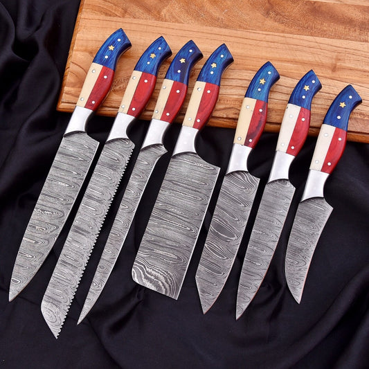 7-Piece Handmade Damascus Steel Chef Knife Set – Twist Pattern, Full Tang, Professional Kitchen Knives | DRSKNIVES HUB