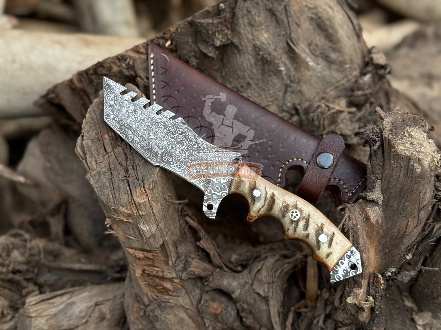 Damascus Tracker Knife 10.5" – Rain Drop Pattern with Sheath | DRSKNIVES HUB