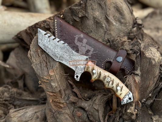 Damascus Tracker Knife 10.5" – Rain Drop Pattern with Sheath | DRSKNIVES HUB