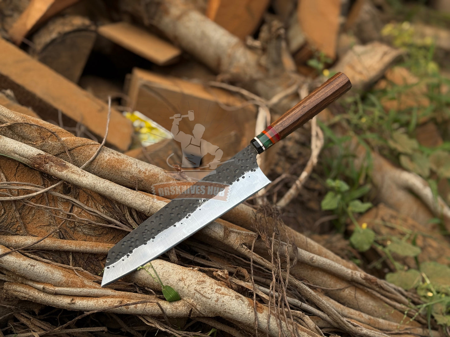 Handmade Carbon Steel Chef Knife: Rosewood Resin Handle & Leather Sheath