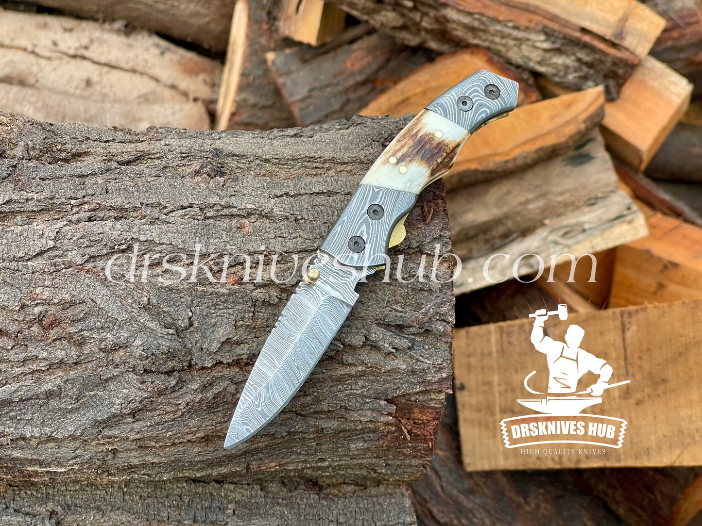 Antler Horn Handle Damascus Steel Folding Pocket Knife outdoor Knife