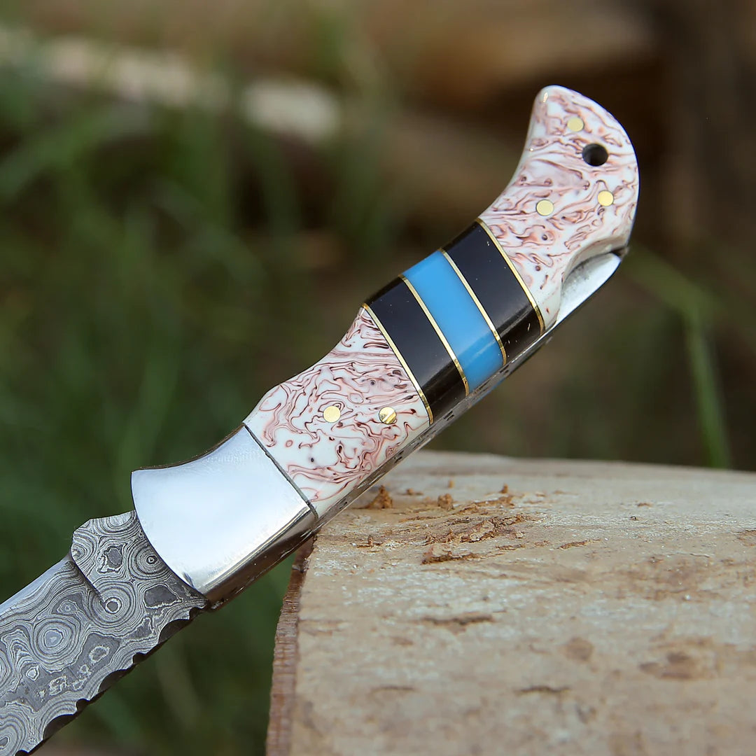 HANDMADE DAMASCUS POCKET KNIFE WITH SHEATH || DRS KNIVES HUB