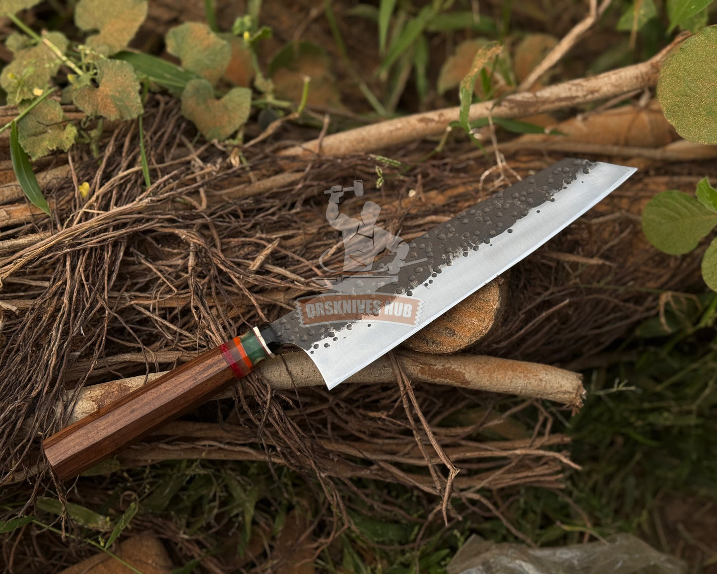 Handmade Carbon Steel Chef Knife: Rosewood Resin Handle & Leather Sheath