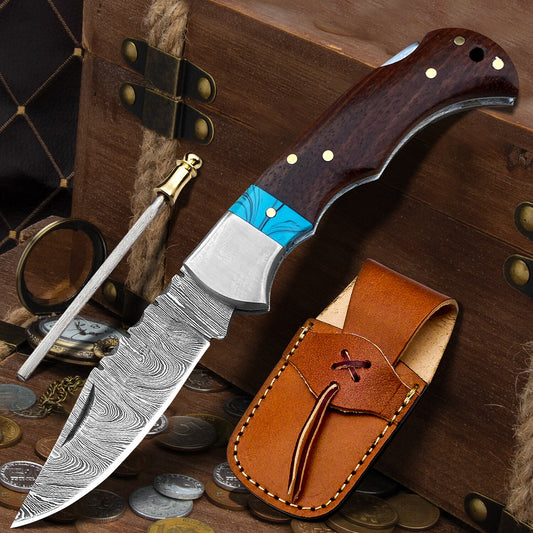 6.5” Handmade Damascus Pocket Knife — Wood & Turquoise Resin Handle | DRSKNIVES HUB