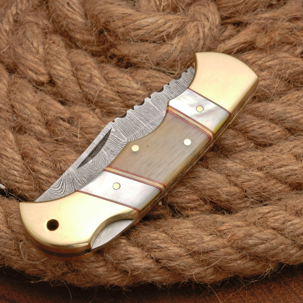 Custom handmade Damascus steel pocket knife with leather pouch || drs knives hub