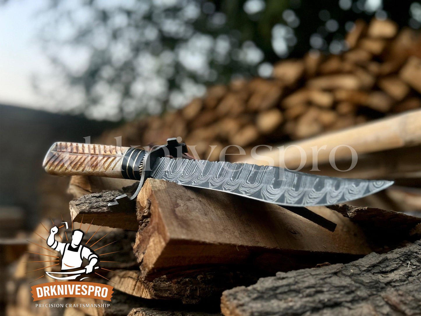 14” Custom Handmade Damascus Steel Bowie Knife – Fire Bone Handle with Leather Sheath | DRSKNIVES HUB