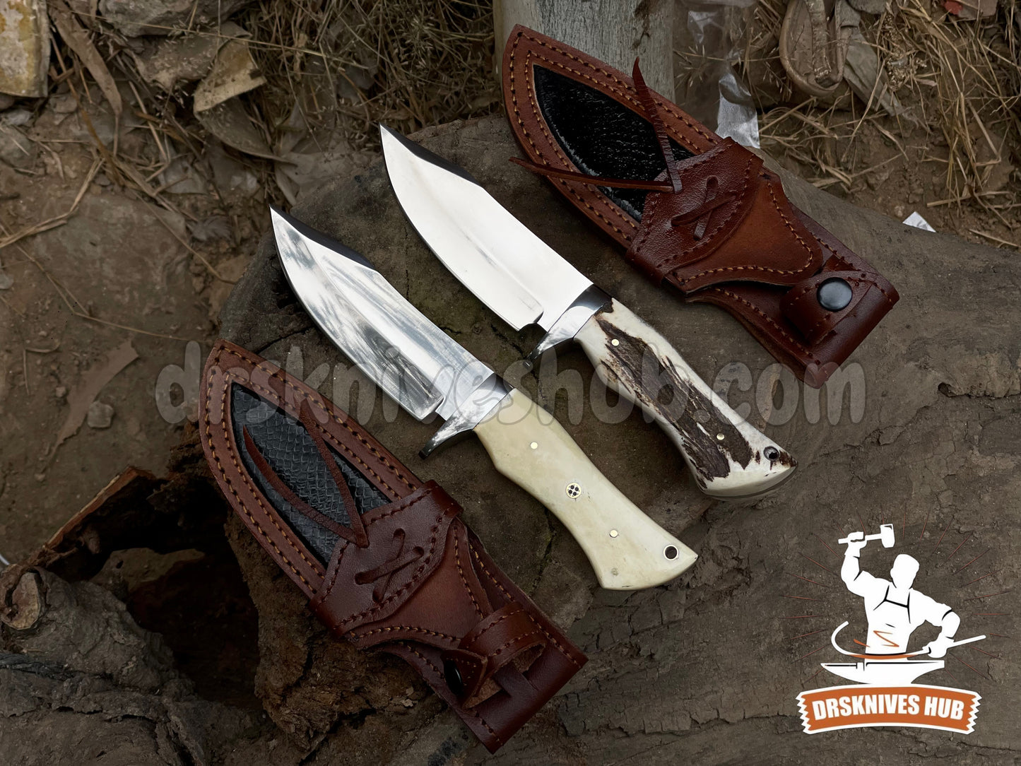 Handmade D2 Steel Hunting Knife pair : Stag Horn and bone Handle, Leather Sheath