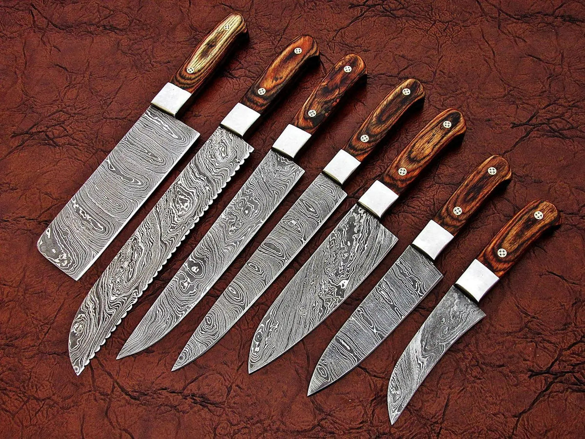 7-piece Damascus chef knife set with Pakka wood handles