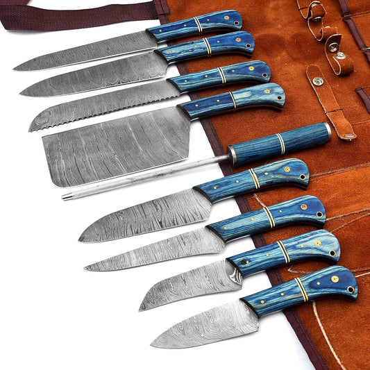 HANDMADE DAMASCUS STEEL UTILITY CHEF SET WITH LEATHER ROLL KIT BAG || DRS KNIVES HUB