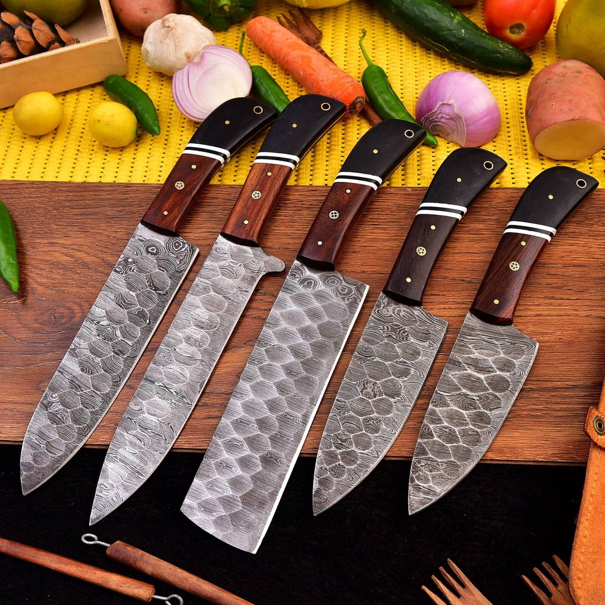 Damascus Chef Knife Set 5 Piece – Wood & Micarta with Leather Bag | DRSKNIVES HUB
