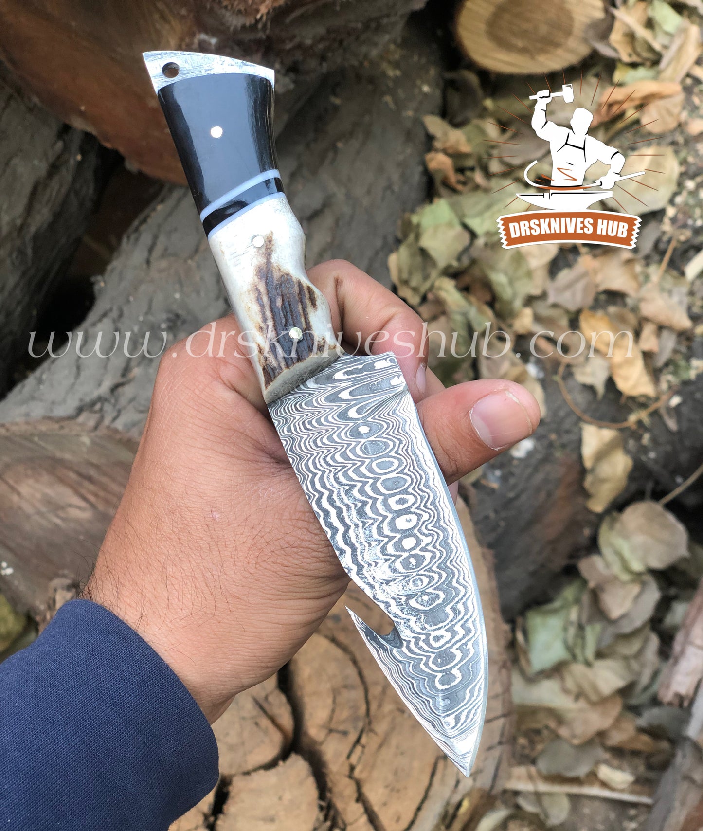 Handmade Damascus Steel Gut Hook Hunting,Skinning Knife With Antler + Buffalo Horn Handle