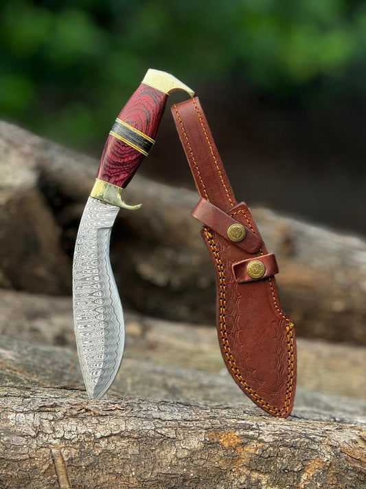 Handmade Damascus Steel Heavy Duty Kukri Knife Sharp Blade, With Leather Sheath