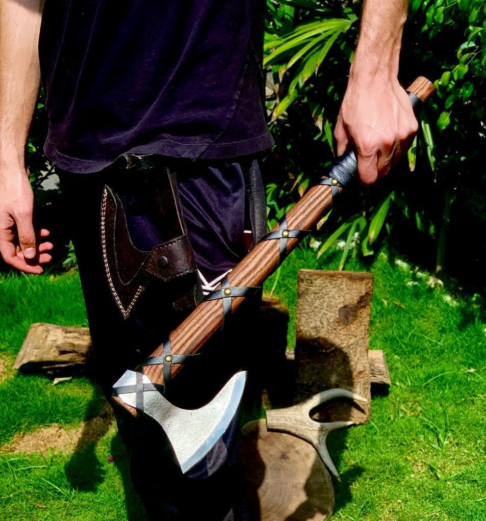 HANDMADE CARBON STEEL VIKING AXE OUTDOOR AXE WITH LEATHER COVER || DRSKNIVES HUB