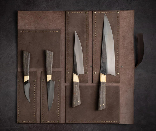 Utility Knife Handcrafted Leather Knife Roll Set with 4 High Carbon Steel Knives