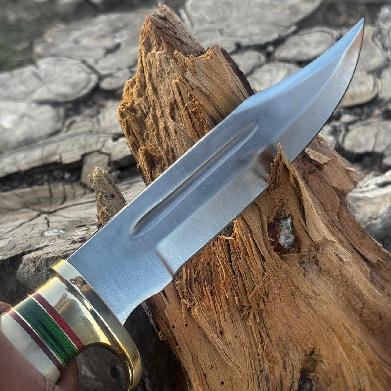 Fixed Blade Knife Crocodile Dundee Knife- D2 Hunting Knife Bone Handle, Camping Knife, Knife with Premium Leather Sheath