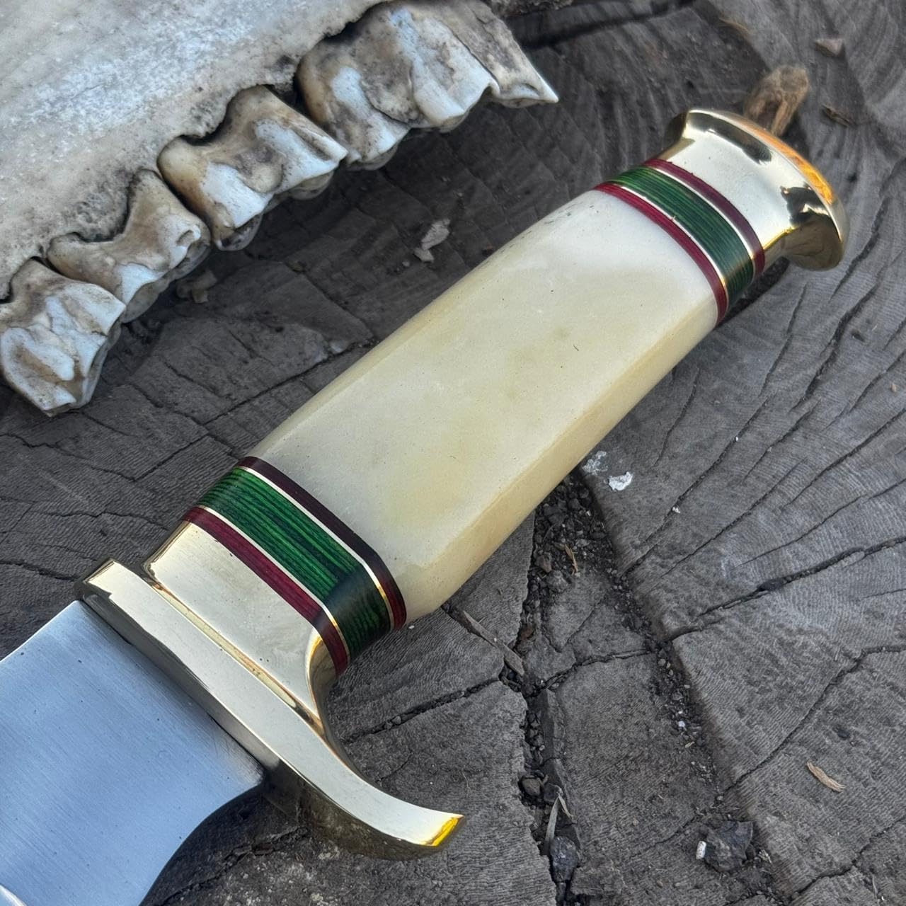 Fixed Blade Knife Crocodile Dundee Knife- D2 Hunting Knife Bone Handle, Camping Knife, Knife with Premium Leather Sheath
