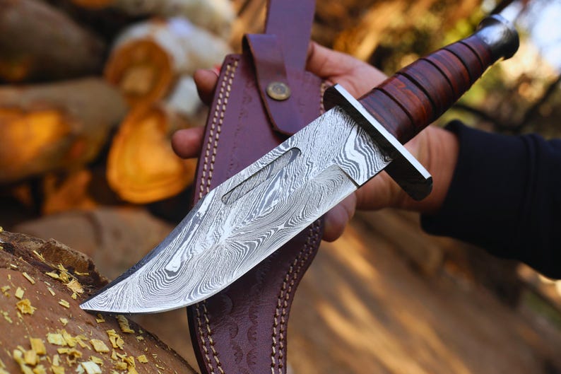 HUNTING BOWIE KNIFE HANDMADE DAMASCUS STEEL BLADE || DRS KNIVES HUB