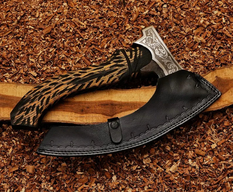 CUSTOM HANDMADE VIKING PIZZA CUTTER AXE WITH LEATHER COVER || DRS KNIVES HUB