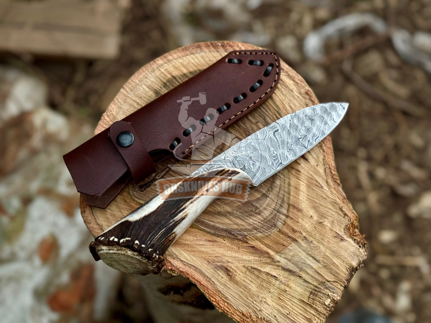 Hand Forged Viking Hunting Knife Stone Textured Blade, Antler Handle | DRSKNIVES HUB