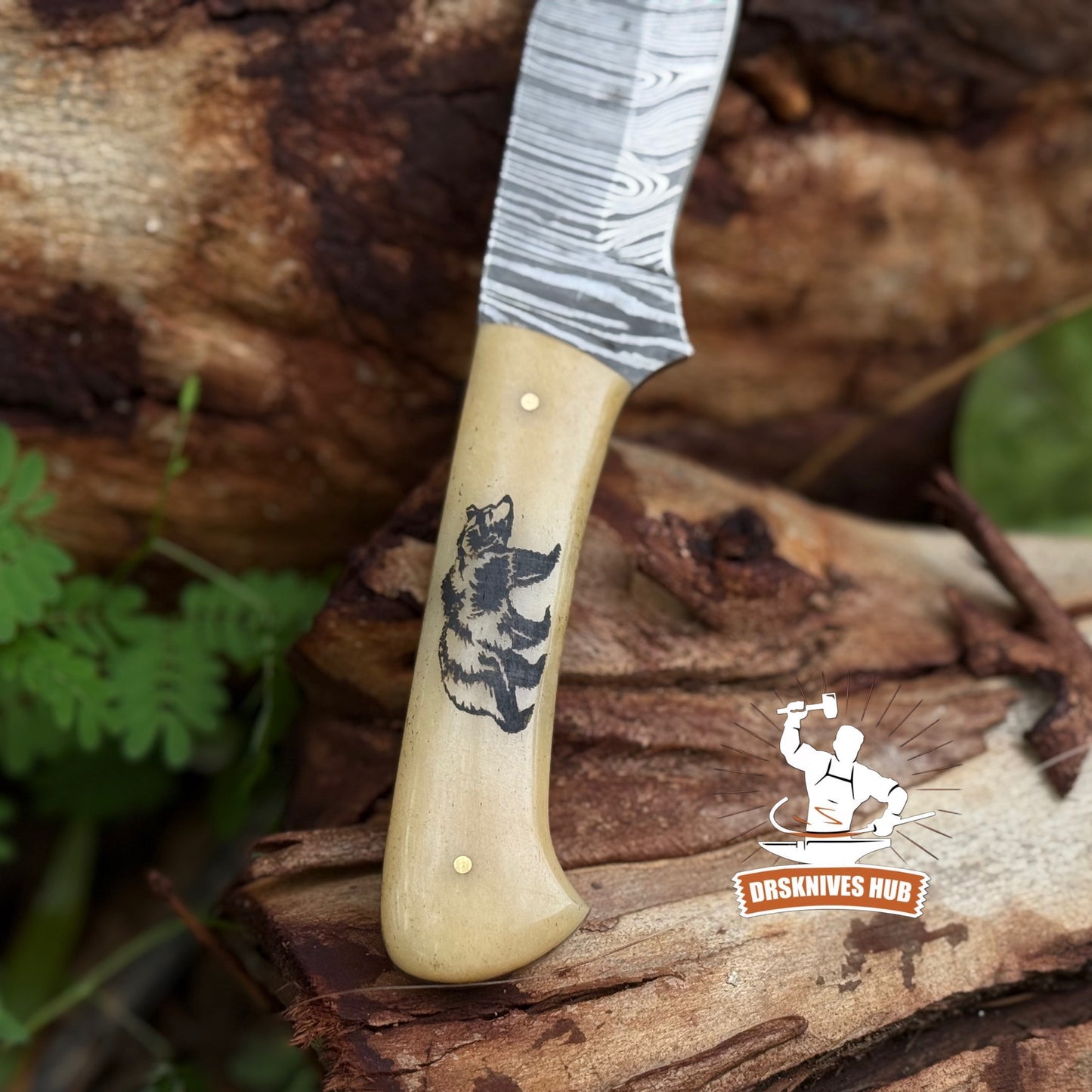 8” inches Handmade Damascus Hunting Skinner Knife Bone Handle with Bear Print | DRSKNIVES HUB