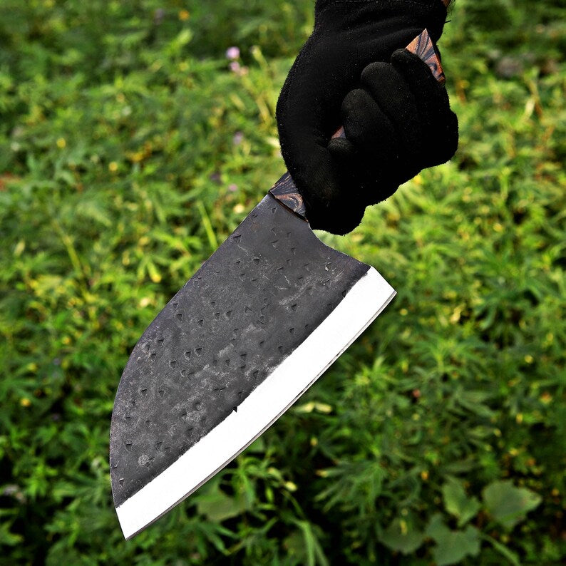 Custom Handmade Carbon Steel Blade Heavy Chopper Knife With Leather Sheath Cover Cleaver Knife