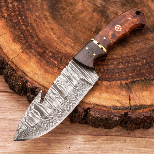Edc hunting knife custom handmade Damascus steel gut hook knife || drs knives hub